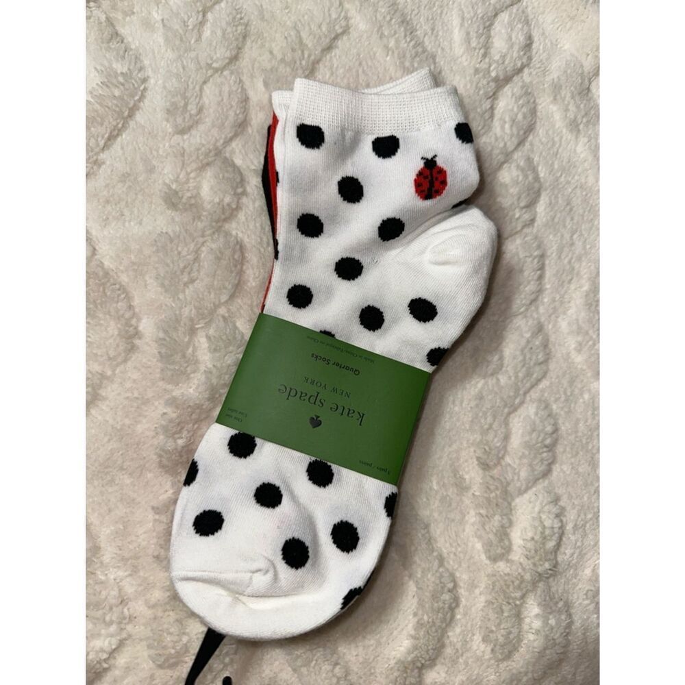 kate spade 3pk White Polka Lady Bug Red Black Spade Logo Quarter Socks